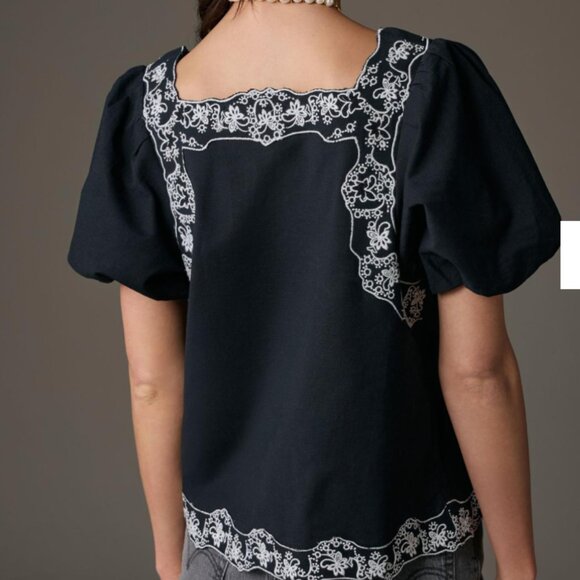 Anthropologie Short-Sleeve Embroidered Linen Tunic Top MEDIUM Black Boho Casual - Picture 6 of 10